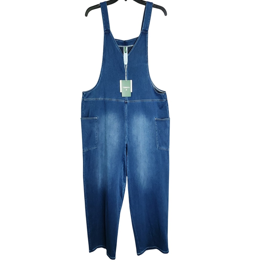 Halara Denim Overalls Womens L Blue Wide Leg Relaxed Stretch Casual Jumpsuit